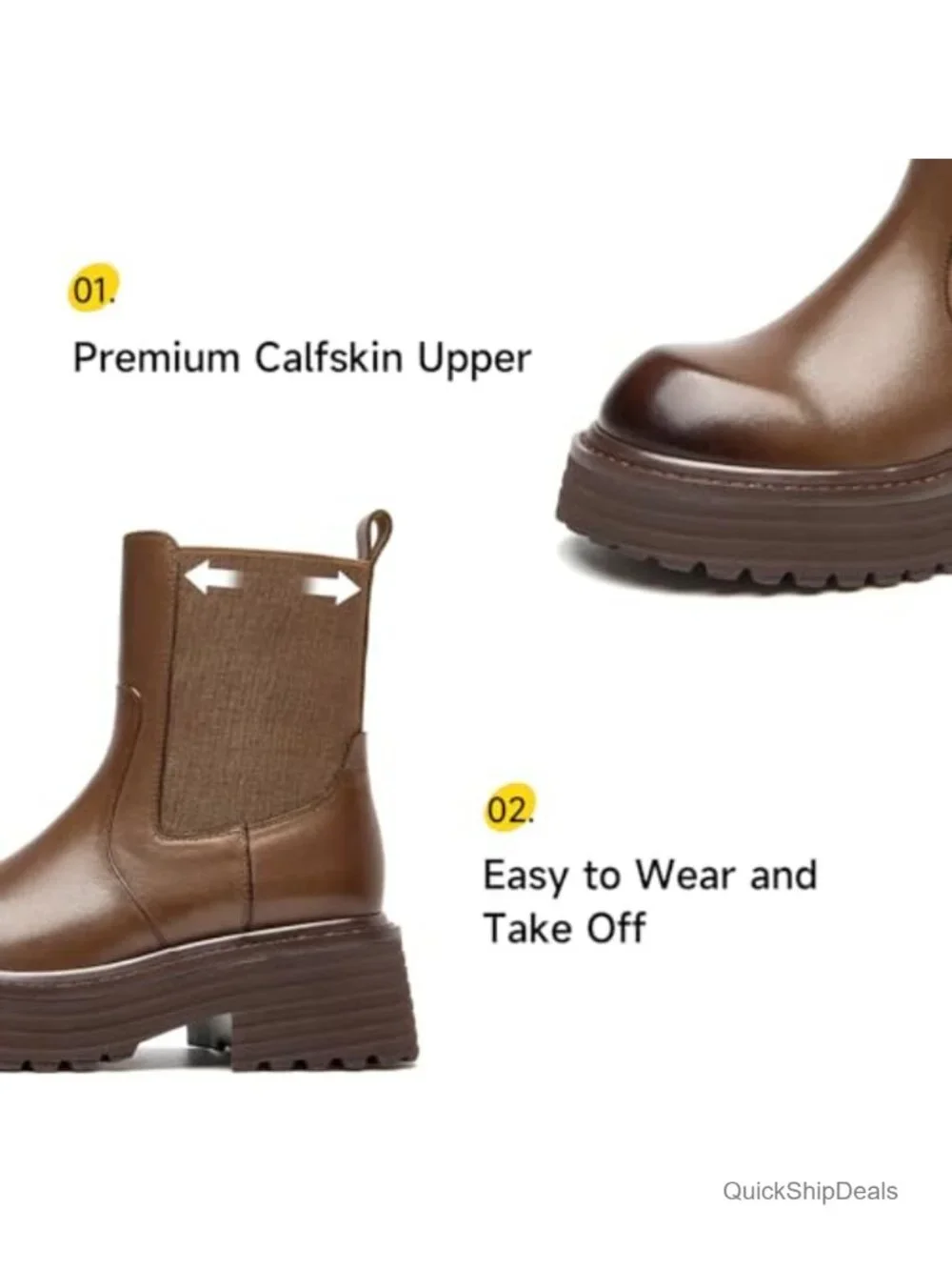 Genuine Leather Platform Chelsea Boots for Women, Chunky Calfskin Ankle Boots,